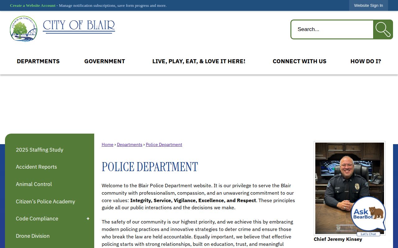 Blair Police Department official page for Blair arrest-record contact