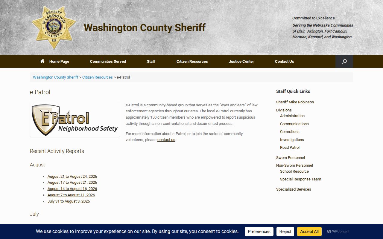 Washington County recent activity report and arrest record source