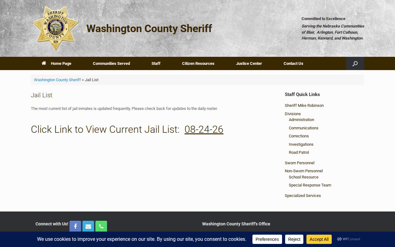 Washington County official jail roster and booking record source