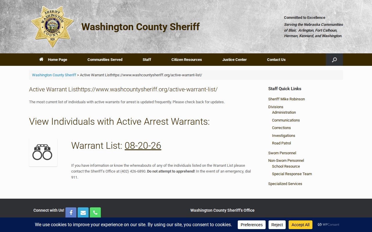 Washington County active warrant and most wanted record source